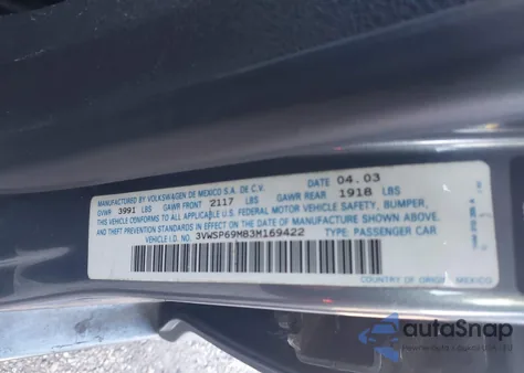 2003 Volkswagen Jetta Gls Tdi z USA, uszkodzony, nr VIN 3VWSP69M83M169422